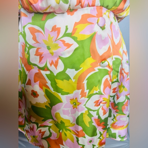 Karlie SZ M orange, green, pink & white romper with drape neck, waist 28”-30”. - Picture 3 of 6